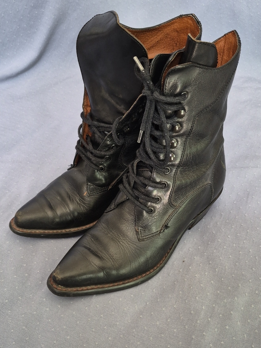 Nine West Black Pointed Toe Lace-Up Leather Ankle Boots Womens 6.5 Prairie Shoe